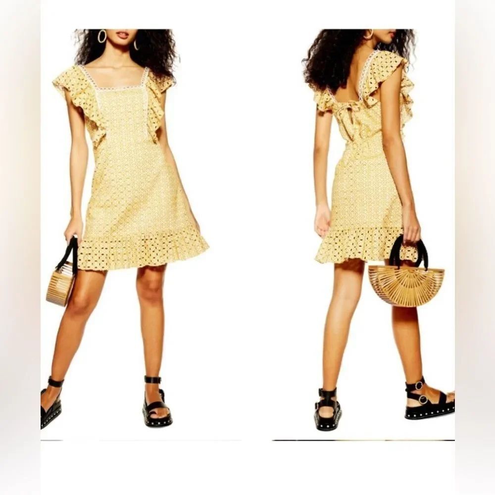 Topshop Broderie Eyelet Ruffle Minidress In Mustard Yellow Size 4